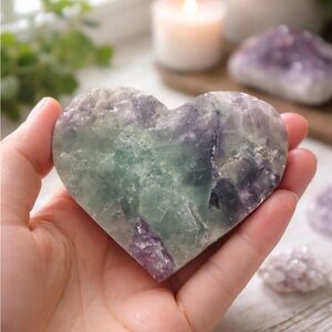 Large Fluorite "Genius Stone" Heart Crystal 374g Green Purple Raw Stone w Stand